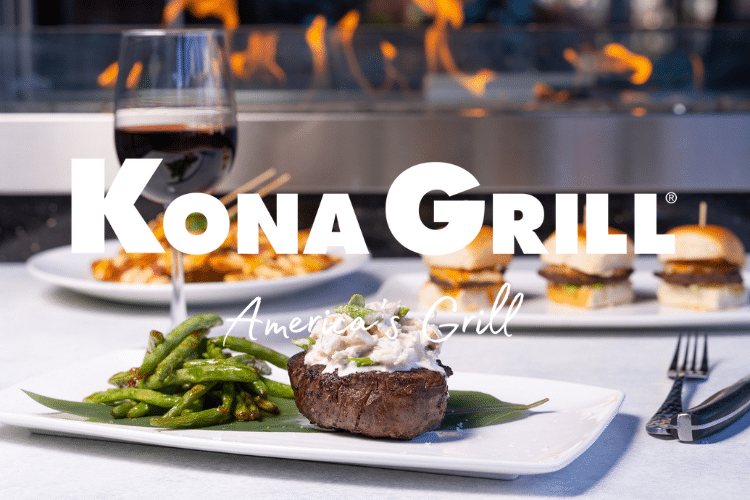 Kona Grill logo on top of an image of a steak and green beans on a plate