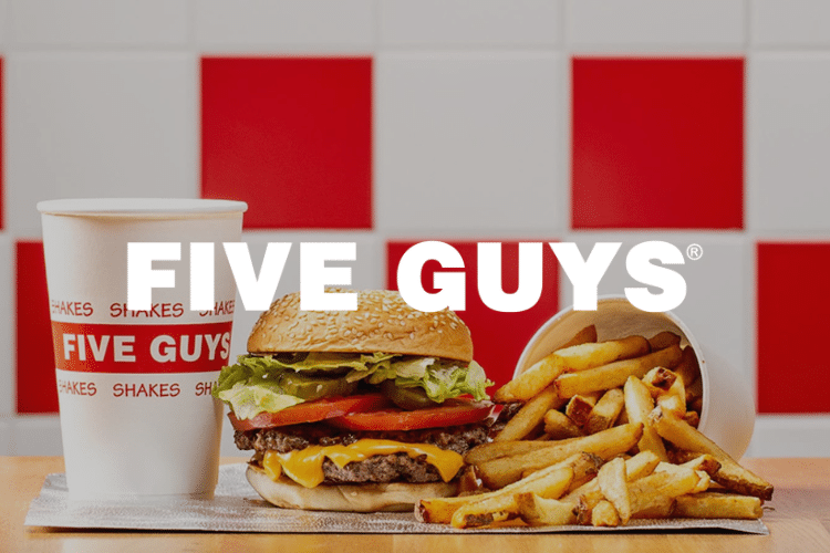Five Guys burger, drink, and fries with logo laid over the image